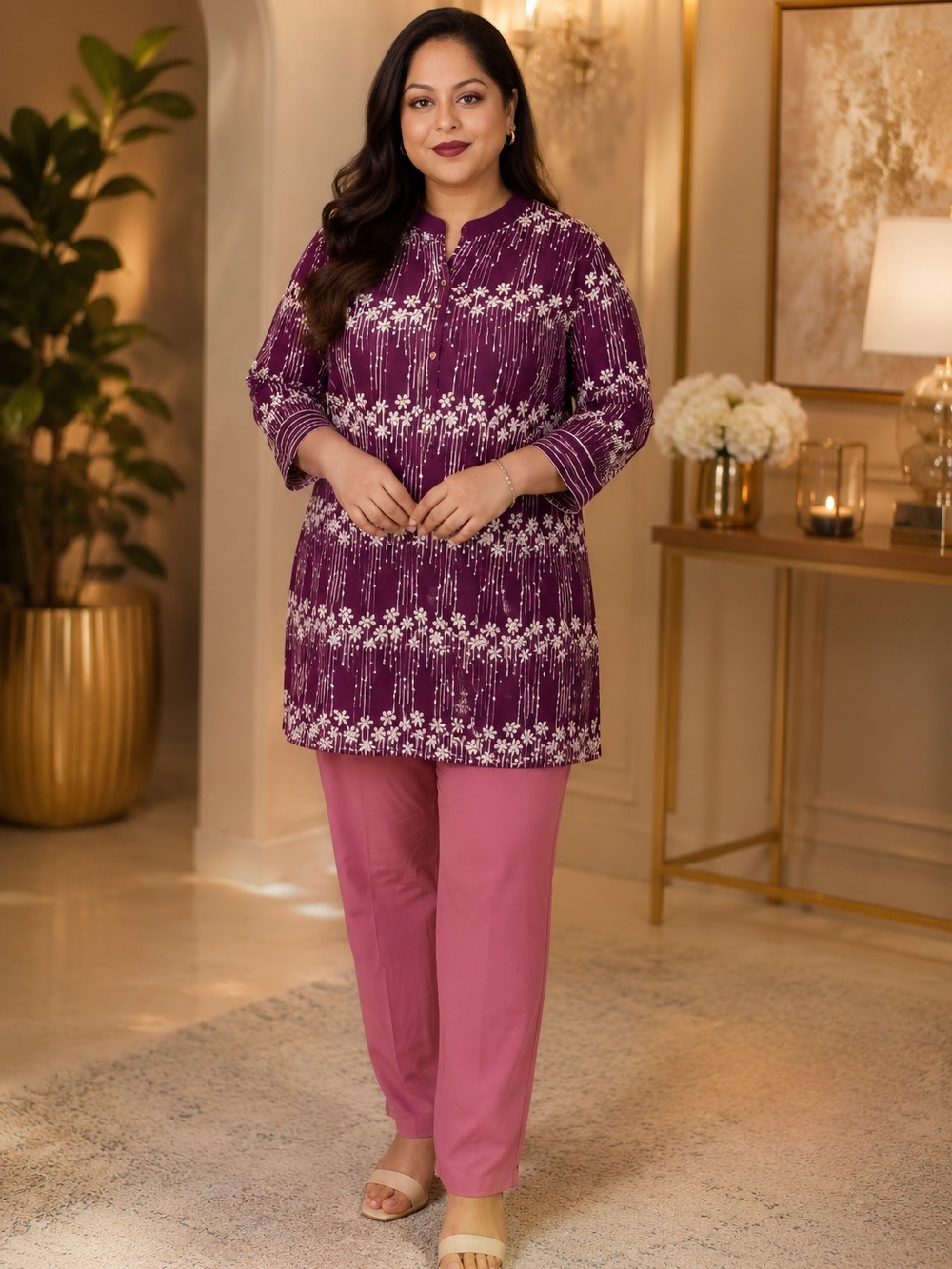 Plus Size Purple Floral Print Tunic Top